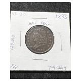 1833 US CLASSIC HEAD HALF CENT VF30