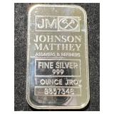 1 TROY OZ .999 FINE SILVER JOHNSON MATTHEY BAR