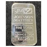 1 TROY OZ .999 FINE SILVER JOHNSON MATTHEY BAR