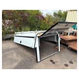 StoneBrooke White truck topper, pro series with roof racks, hatchback door and front window