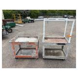 (2) rolling carts: Orange Rubbermaid commercial and Rubbermaid service cart with metal stand on top