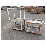 (2) rolling carts: Orange Rubbermaid commercial and Rubbermaid service cart with metal stand on top