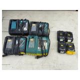 (104) Makita battery chargers DC18RT, DC18RA and (4) Makita 18V batteries