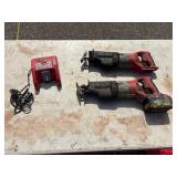 (2) Milwaukee Cordless Sawzalls 0719-20 M28, (1) battery and (1) 48-59-2818 18V charger, all power up