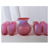 Vintage Fenton Cranberry Opalescent Hobnail Pitcher and Tumblers Set