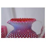 Vintage Fenton Cranberry Opalescent Hobnail Pitcher and Tumblers Set