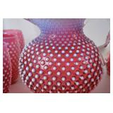 Vintage Fenton Cranberry Opalescent Hobnail Pitcher and Tumblers Set