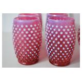 Vintage Fenton Cranberry Opalescent Hobnail Pitcher and Tumblers Set