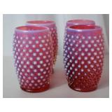 Vintage Fenton Cranberry Opalescent Hobnail Pitcher and Tumblers Set