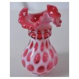 Antique Fenton Cranberry Opalescent Coin Dot Vase, Ruffled Edge, 6 in