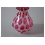 Antique Fenton Cranberry Opalescent Coin Dot Vase, Ruffled Edge, 6 in