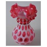 Antique Fenton Cranberry Opalescent Coin Dot Vase, Ruffled Edge, 6 in
