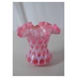 Vintage Fenton Pink Opalescent Hobnail Ruffled Vase