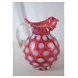 Vintage Fenton Cranberry Opalescent Coin Dot Glass Pitcher