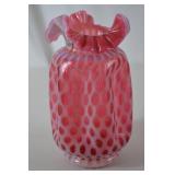 Fenton Cranberry Opalescent Coin Dot Glass Vase, 9 Inch