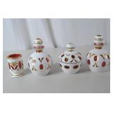 Bohemian white cut to cranberry glass dresser set, 4 pieces