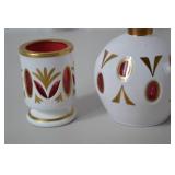Bohemian white cut to cranberry glass dresser set, 4 pieces