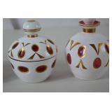 Bohemian white cut to cranberry glass dresser set, 4 pieces
