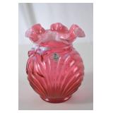 Fenton Cranberry Opalescent Art Glass Vase with Bow