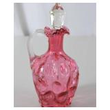 Vintage Fenton cranberry art glass cruet with stopper, ruffled rim, 8 in