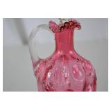 Vintage Fenton cranberry art glass cruet with stopper, ruffled rim, 8 in