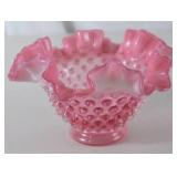 Vintage Fenton Art Glass Pink Hobnail Ruffled Bowl