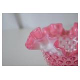 Vintage Fenton Art Glass Pink Hobnail Ruffled Bowl