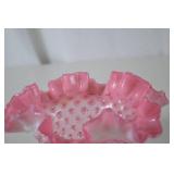 Vintage Fenton Art Glass Pink Hobnail Ruffled Bowl