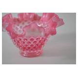 Vintage Fenton Art Glass Pink Hobnail Ruffled Bowl
