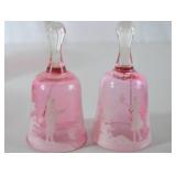 Pair of Pink Mary Gregory Satin Glass Handpainted Figural Bells