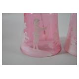 Pair of Pink Mary Gregory Satin Glass Handpainted Figural Bells