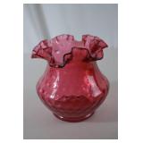 Ruffled Cranberry Hobnail Fenton Glass Vase, 8 Inch