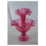 Vintage Fenton Cranberry Art Glass Epergne Vase with Ruffled Edge