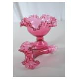 Vintage Fenton Cranberry Art Glass Epergne Vase with Ruffled Edge