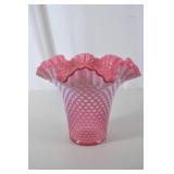 Fenton Pink Hobnail Glass Vase with Ruffled Rim