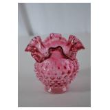 Vintage Fenton Pink Hobnail Art Glass Vase with Ruffled Edge