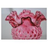 Vintage Fenton Pink Hobnail Art Glass Vase with Ruffled Edge