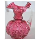 Vintage Fenton Cranberry Art Glass Ewer with Ruffled Rim