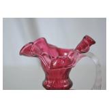 Vintage Fenton Cranberry Art Glass Ewer with Ruffled Rim