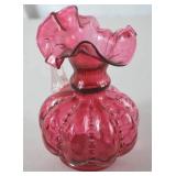 Vintage Fenton Cranberry Art Glass Ewer with Ruffled Rim