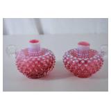 Pair Ruby Fenton Hobnail Art Glass Candle Holders, 3.5" x 4.5"