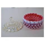 Fenton Victorian Cranberry Opalescent Hobnail Covered Candy Dish