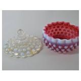 Fenton Victorian Cranberry Opalescent Hobnail Covered Candy Dish