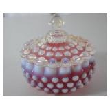 Fenton Victorian Cranberry Opalescent Hobnail Covered Candy Dish