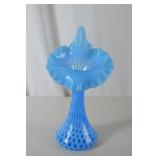 Fenton Vintage blue ruffled art glass vase, hobnail opalescent, 12 in