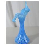 Fenton Vintage blue ruffled art glass vase, hobnail opalescent, 12 in
