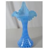 Fenton Vintage blue ruffled art glass vase, hobnail opalescent, 12 in