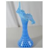 Fenton Vintage blue ruffled art glass vase, hobnail opalescent, 12 in