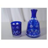 Bohemia Cobalt Blue Glass Carafe and Tumbler with Floral Etching