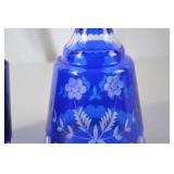 Bohemia Cobalt Blue Glass Carafe and Tumbler with Floral Etching